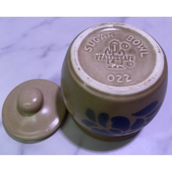 EUC Pfaltzgraff Blue Tan FOLK ART‎ Stoneware Sugar Bowl Crock W/ Lid Vintage USA - Picture 5 of 6